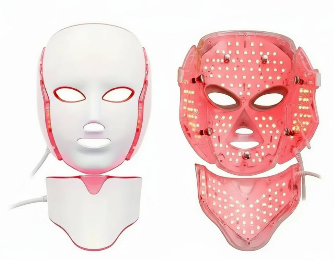 Two LED face masks, one white and one pink, on a white background.