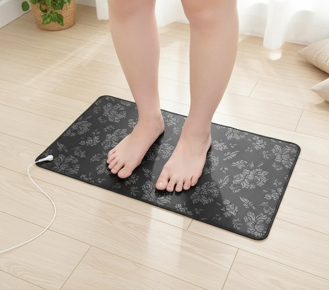 Person using a heated foot mat on a wooden floor