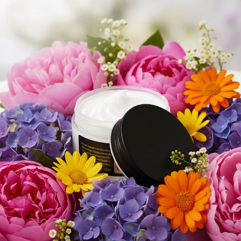 Cosmetic jar with black lid in colorful flowers, NuYOU360_Snail_Mucin_92_Moisturizer