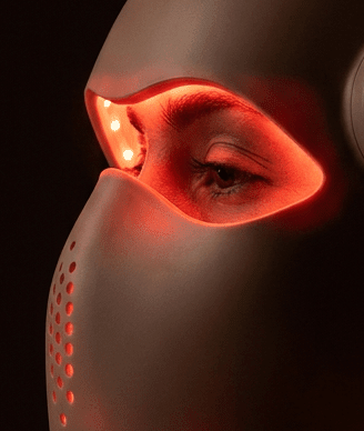 NuYOU360 Contour Pro Mask on Model showing red light shining from inside.