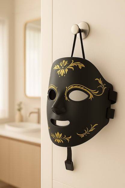 Decorative black mask with gold patterns hanging on a white cabinet.