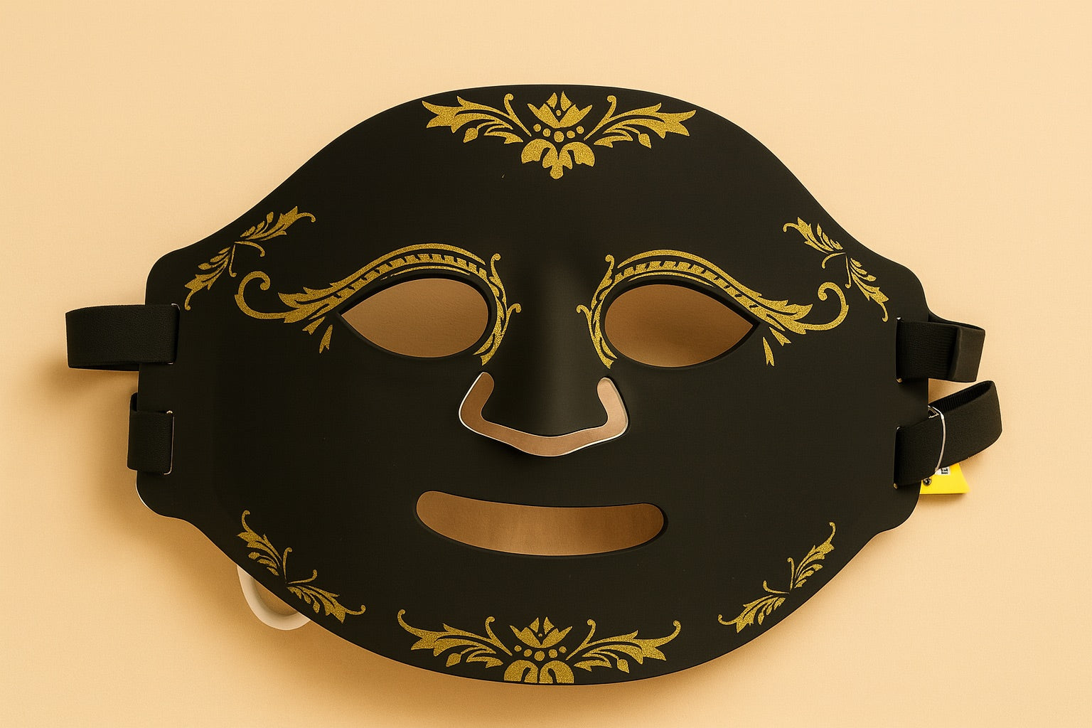 Black mask with gold decorative patterns on a beige background
