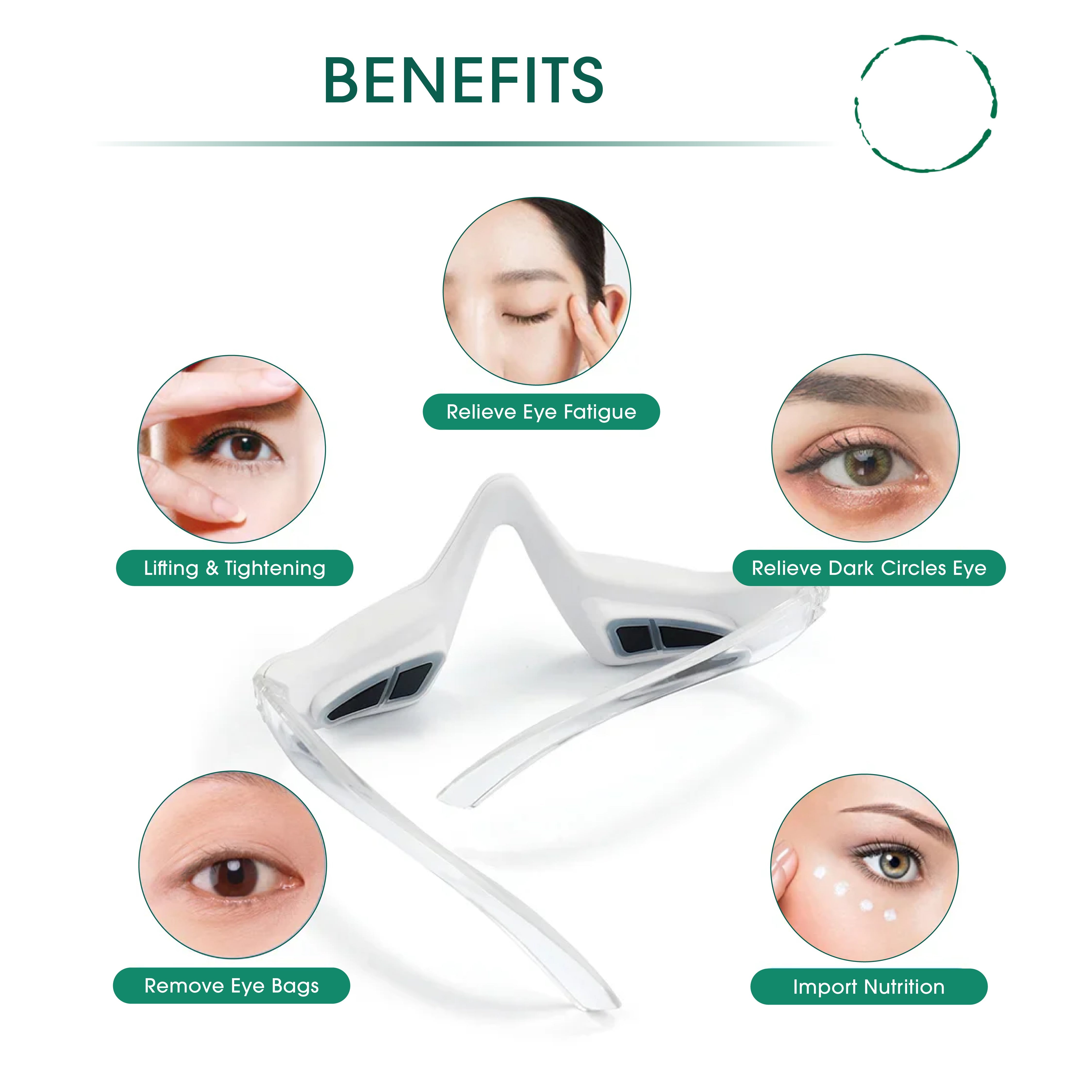 Eye device with benefits listed on a white background
