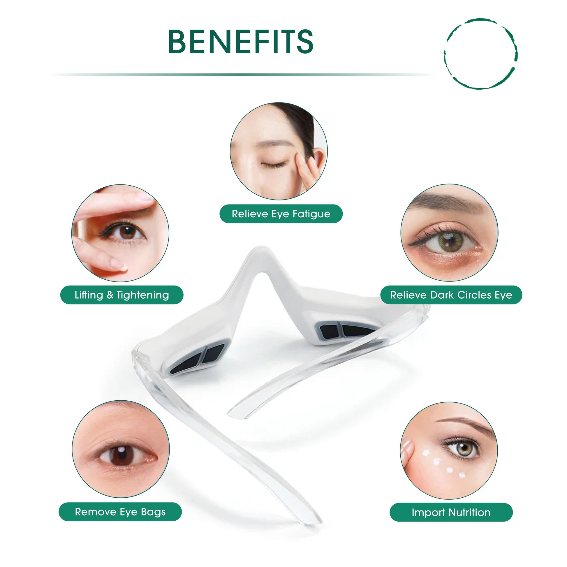 Eye device with benefits listed on a white background