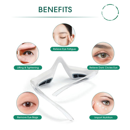 Eye device with benefits listed on a white background