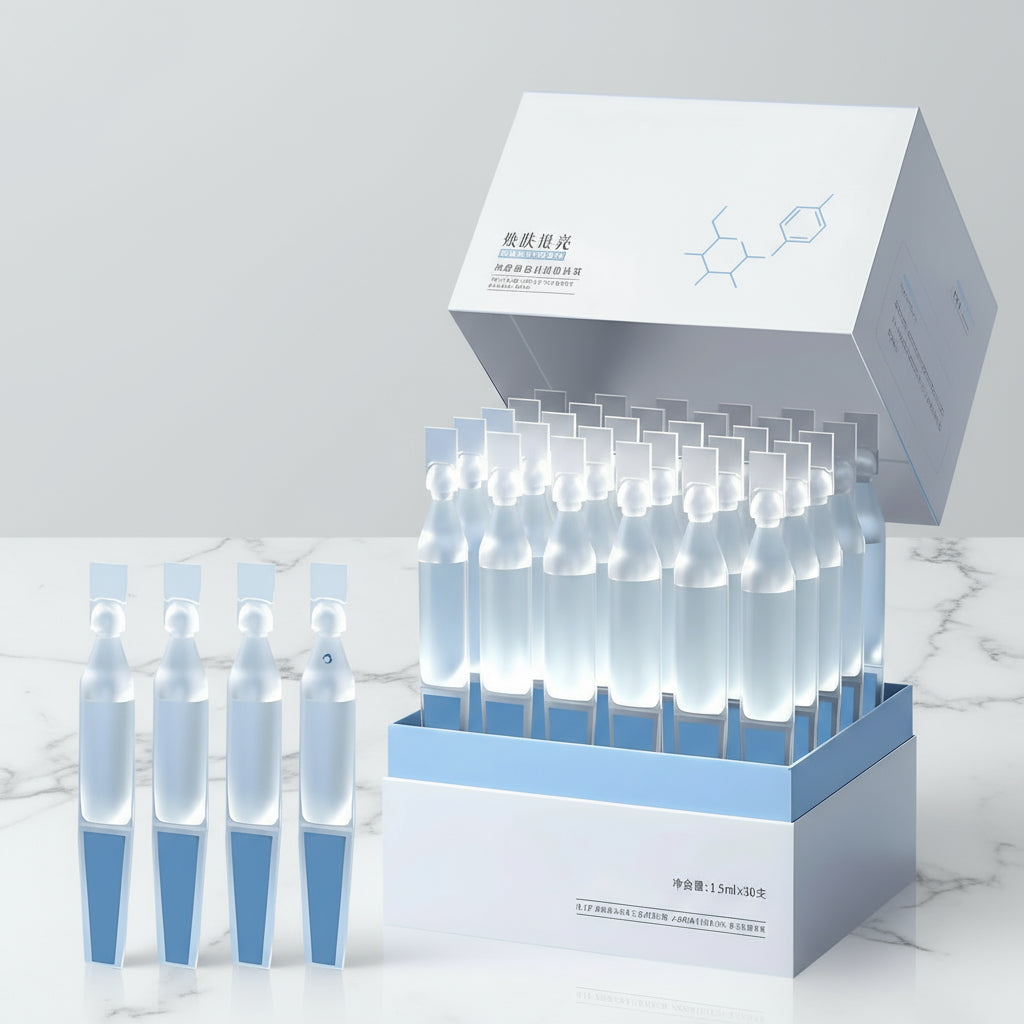 Skincare product packaging with ampoules and a woman's face showing clear skin.