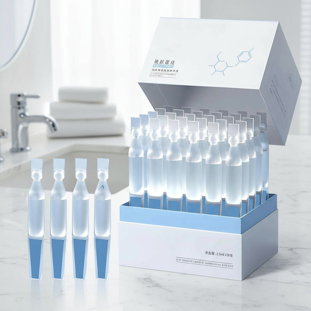 Skincare product packaging with ampoules and a close-up of a woman's face.