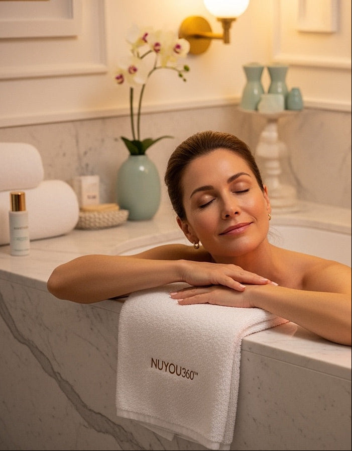Woman relaxing in a bath with NUYOU360 skincare products around her.