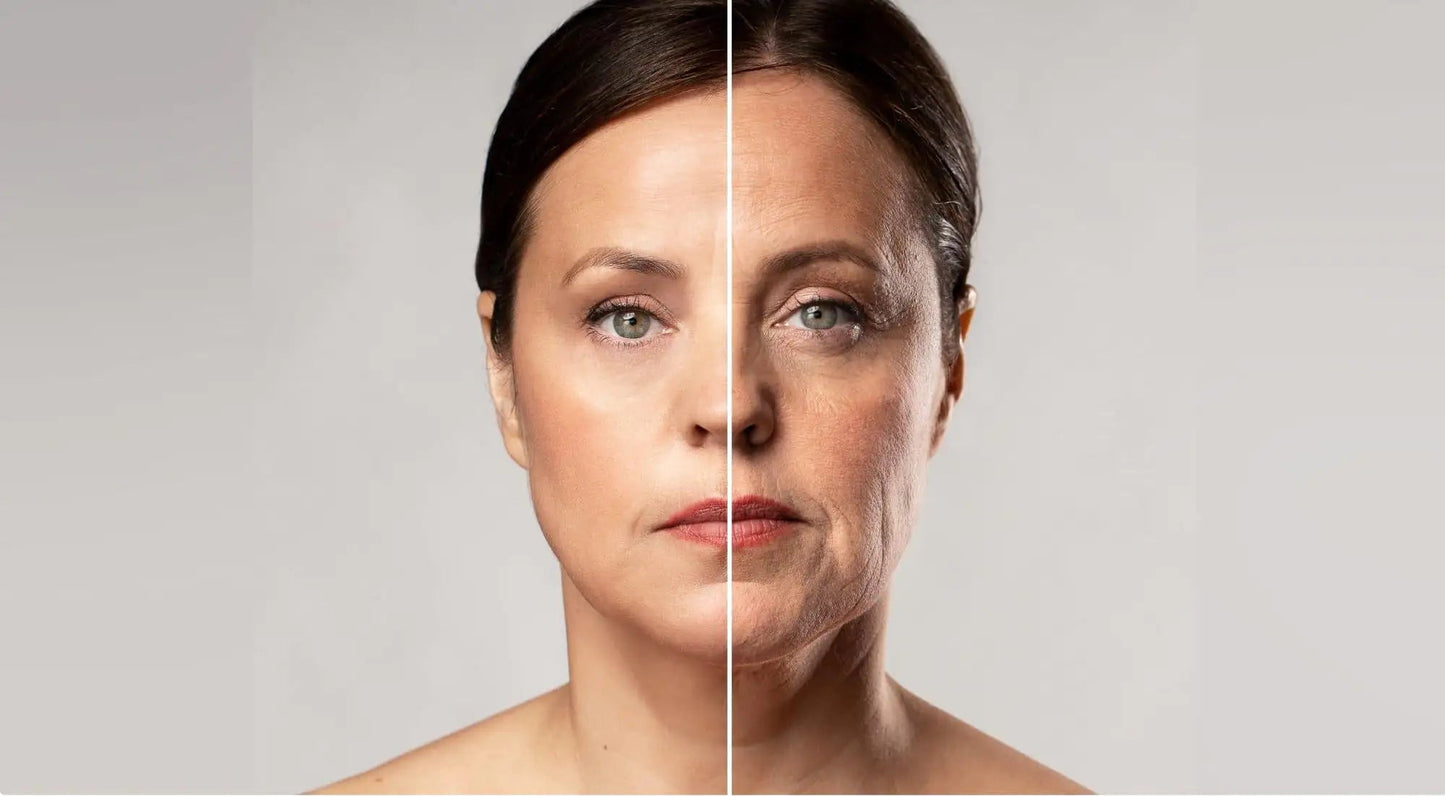 Woman's face split in half, showing before and after effects of a serum on skin texture.