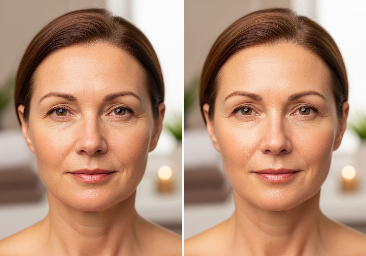 Side-by-side comparison of a woman's face with and without makeup, set against a blurred indoor background.
