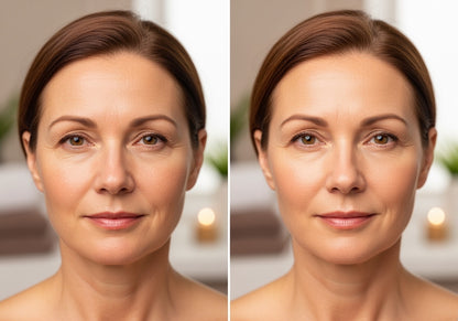 Side-by-side comparison of a woman's face with and without makeup, set against a blurred indoor background.