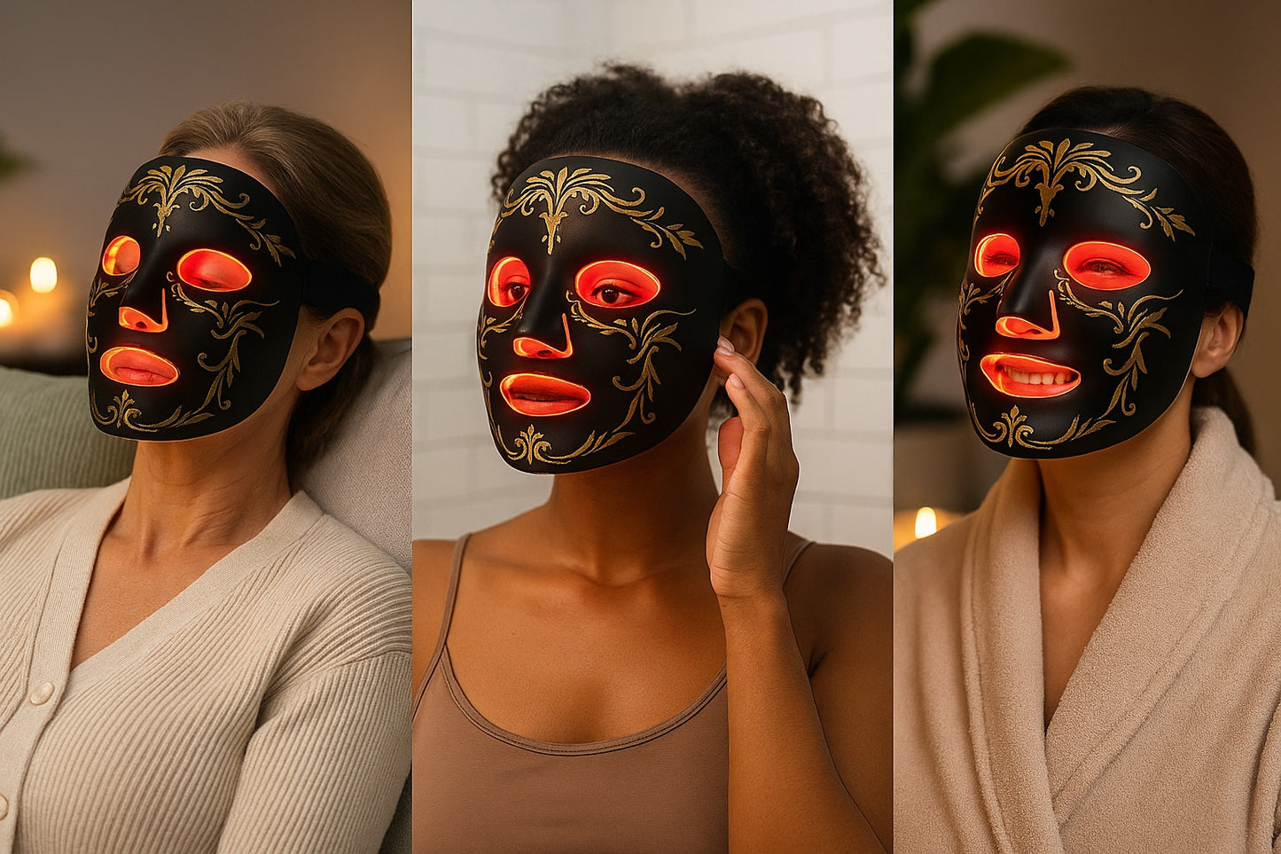 Three images of a woman wearing a decorative face mask with red eyes and gold accents.