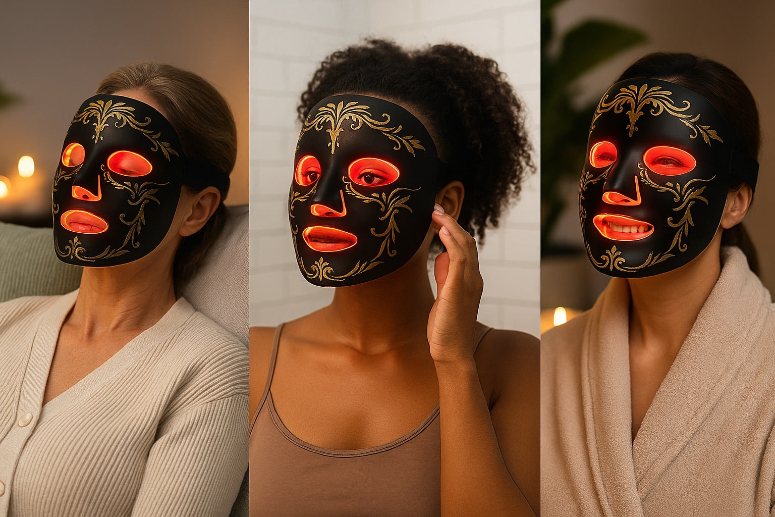 Three images of a woman wearing a decorative face mask with red eyes and gold accents.