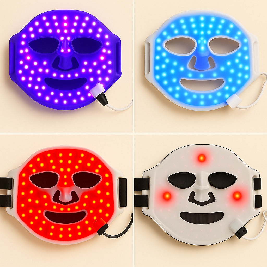 Four LED face masks in different colors on a beige background