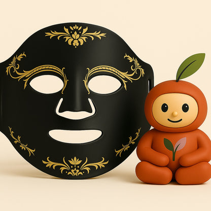 Decorative black mask with gold accents next to a small figurine in an orange outfit on a beige background