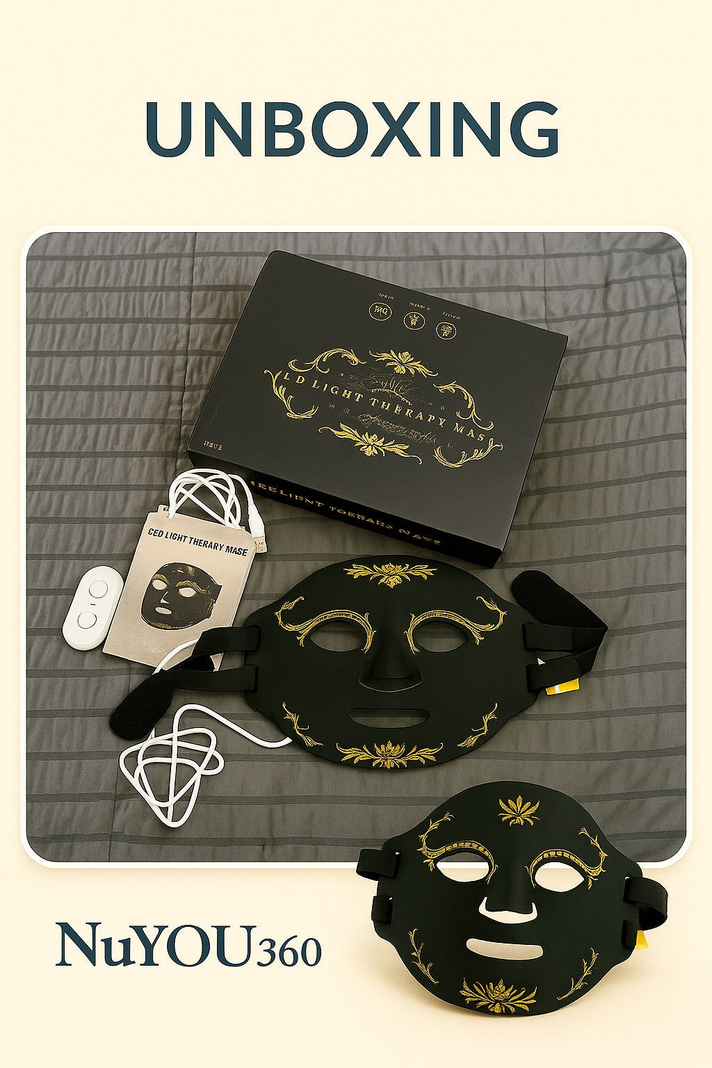 Black light therapy mask with packaging and accessories on a textured surface, branded 'NuYOU360'.