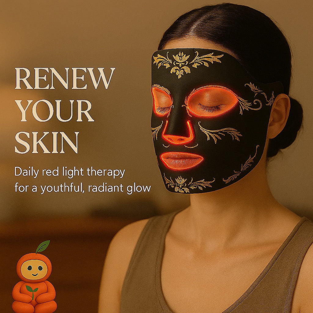 Woman wearing a black facial mask with red lights, text 'Renew Your Skin' on a brown background.