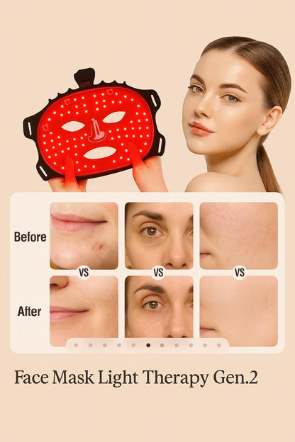 Woman using a face mask light therapy device with 'Before' and 'After' results shown.