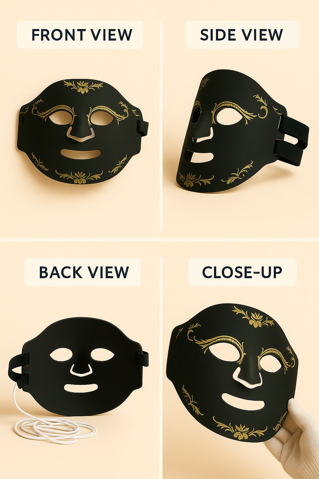 Black decorative mask shown from front, side, back, and close-up views on a beige background.