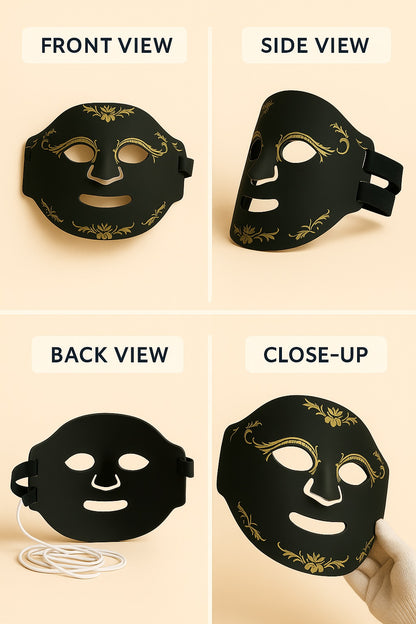 Black decorative mask shown from front, side, back, and close-up views on a beige background.