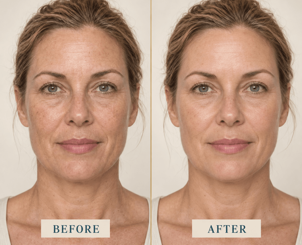 Before-and-after skin progress comparison of a woman's face, showing natural skin texture and tone improvement with the text 'REALISTIC SKIN PROGRESS', 'BEFORE', and 'AFTER'.