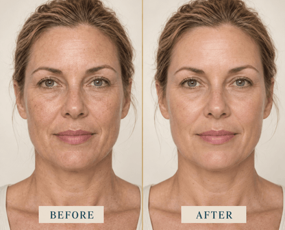 Before-and-after skin progress comparison of a woman's face, showing natural skin texture and tone improvement with the text 'REALISTIC SKIN PROGRESS', 'BEFORE', and 'AFTER'.