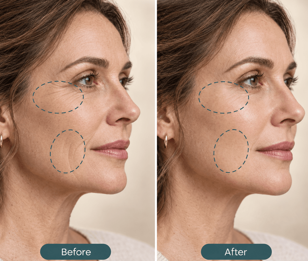 Before-and-after comparison of a woman's face showing improvement in skin texture and wrinkles around the eyes and cheek, with the brand name NuYOU360 at the top.