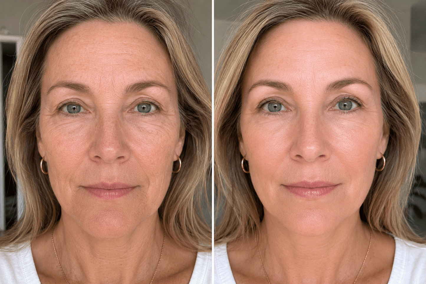 Side-by-side comparison of a woman's face with and without makeup