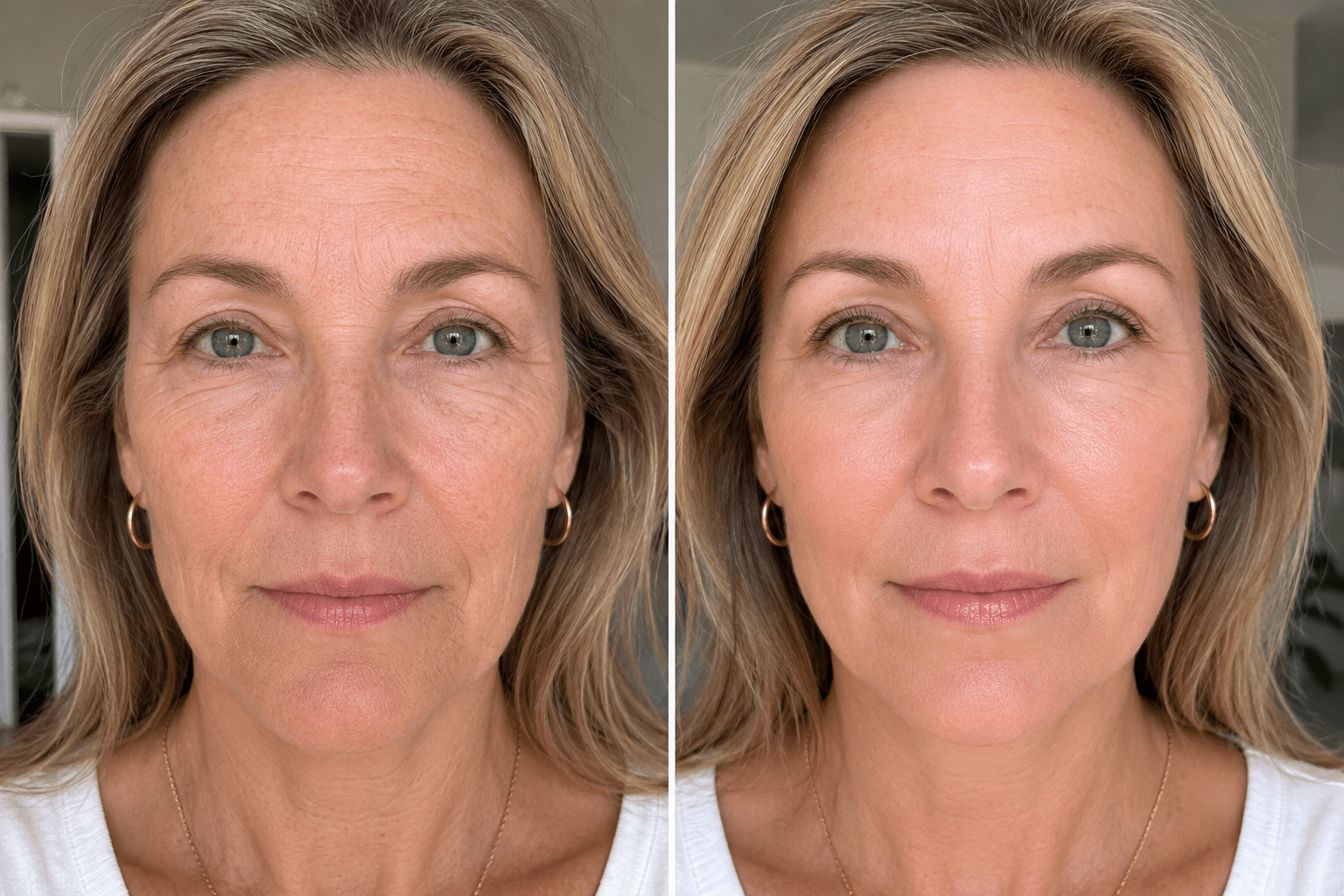 Side-by-side comparison of a woman's face with and without makeup