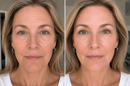 Side-by-side comparison of a woman's face with and without makeup