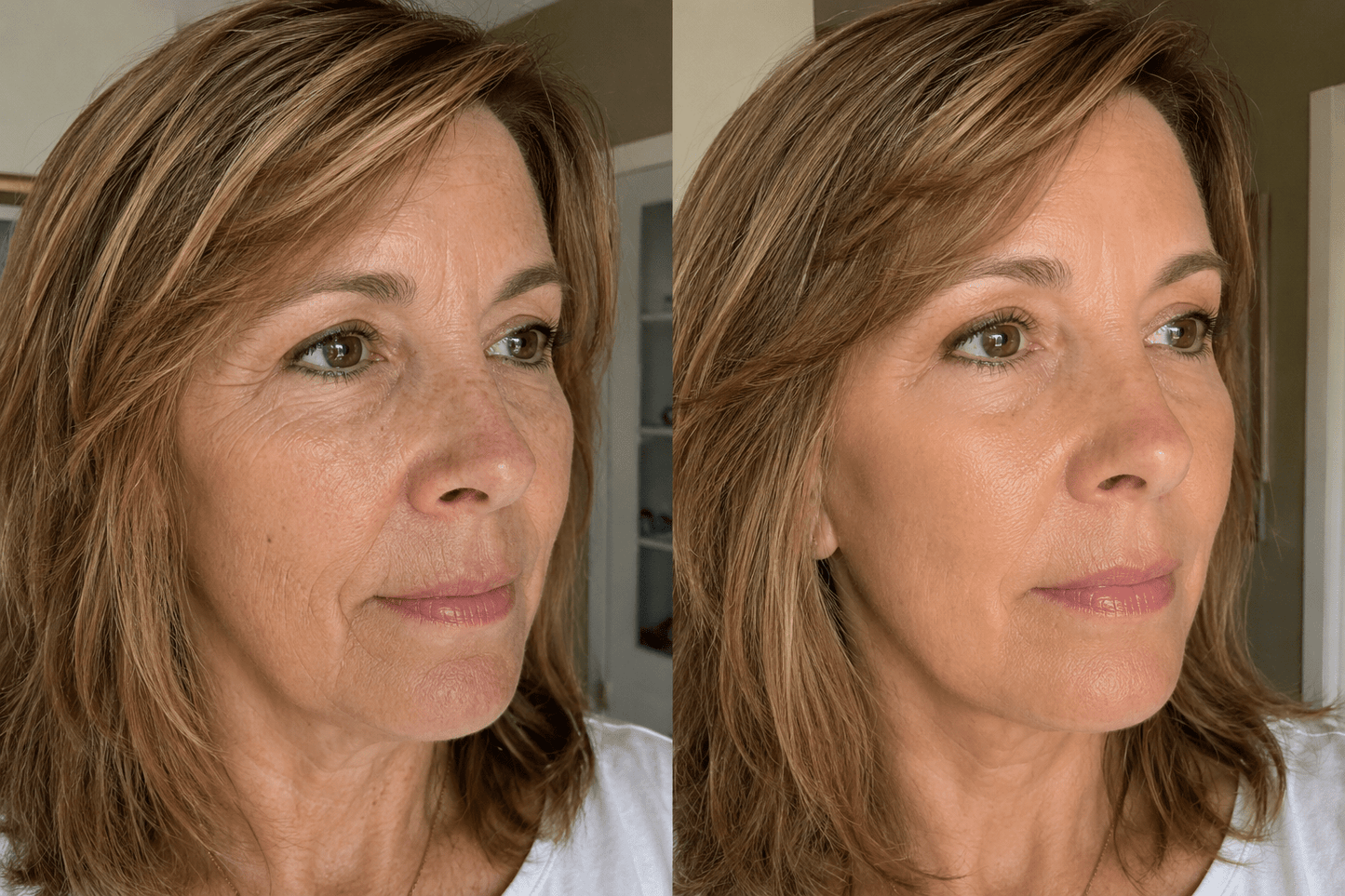 Side-by-side comparison of a woman's face before and after 