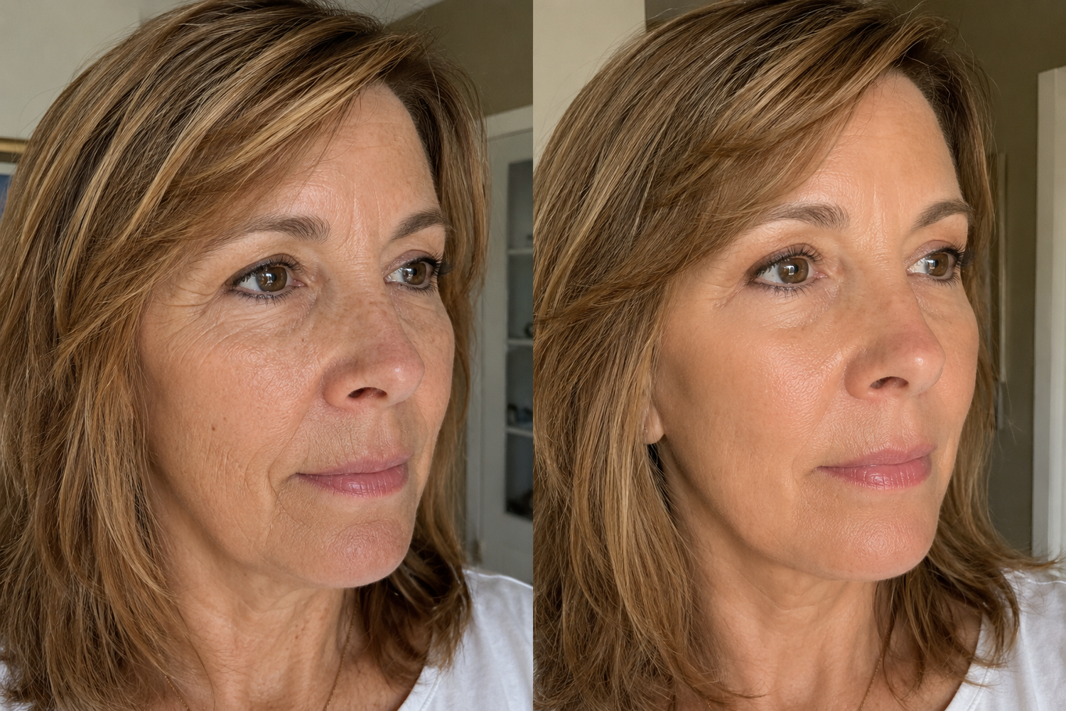 Side-by-side comparison of a woman's face before and after 