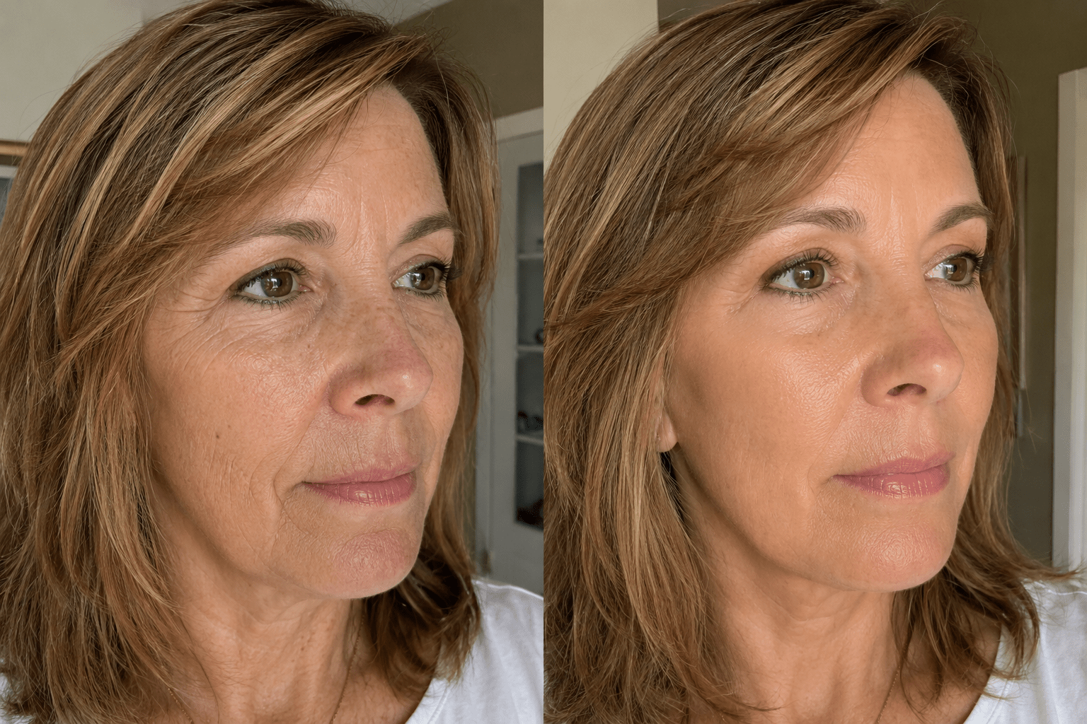 Side-by-side comparison of a woman's face before and after 