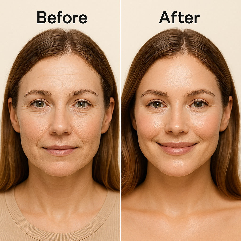 Before and after comparison of a woman's face with visible skin improvement.