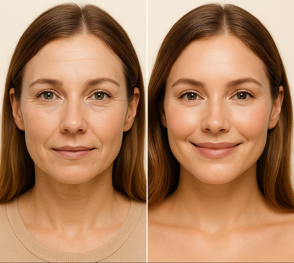 NUYOU360_Red_Light_Therapy_Mask Before and after comparison of a woman's face with visible skin improvement.