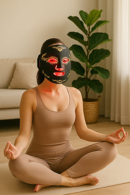 Person wearing a black face mask with red lights in a home setting