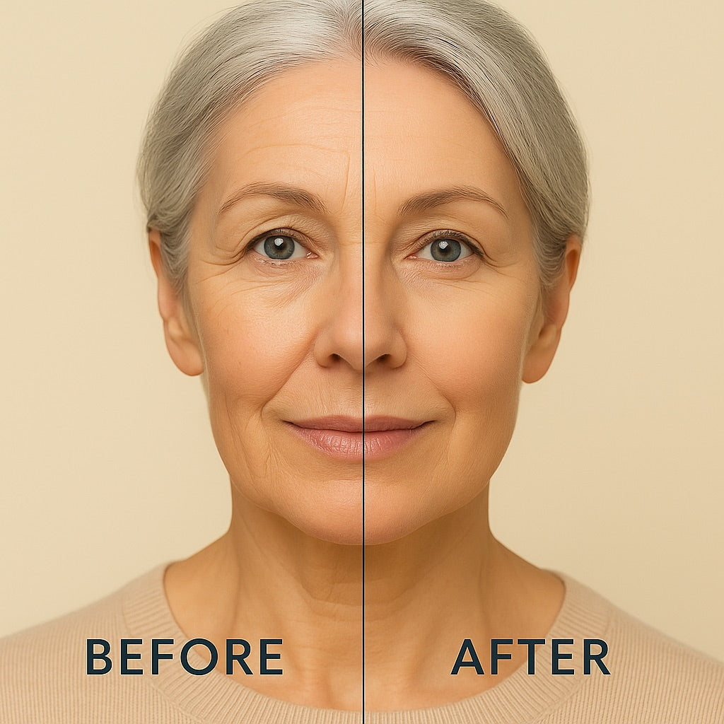 Before and after comparison of a woman's face with visible aging on a beige background.