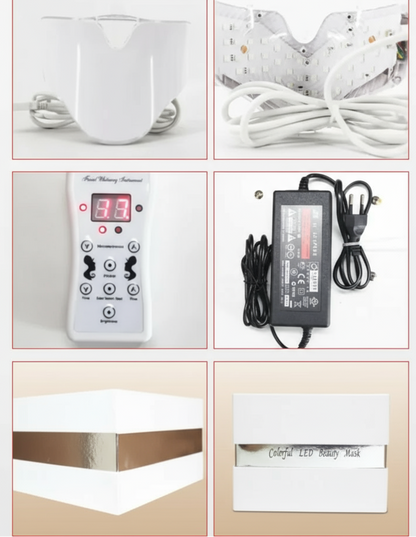 Collage of LED display, power adapter, and product packaging on a white background
