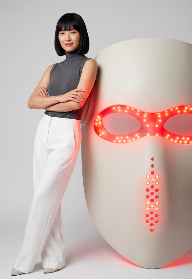 Person standing next to a large mask with red LED lights on a gray background
