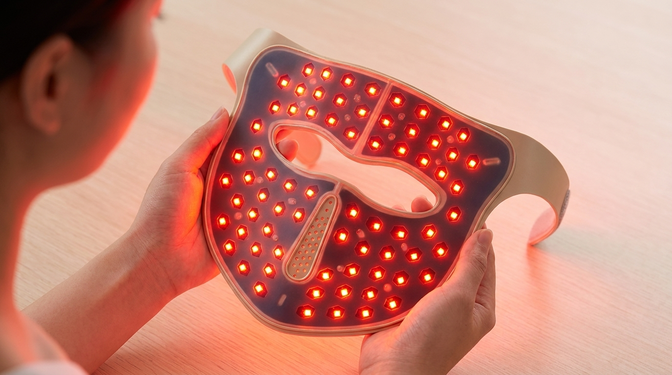 Person holding a LED foot massager with red lights on a neutral background