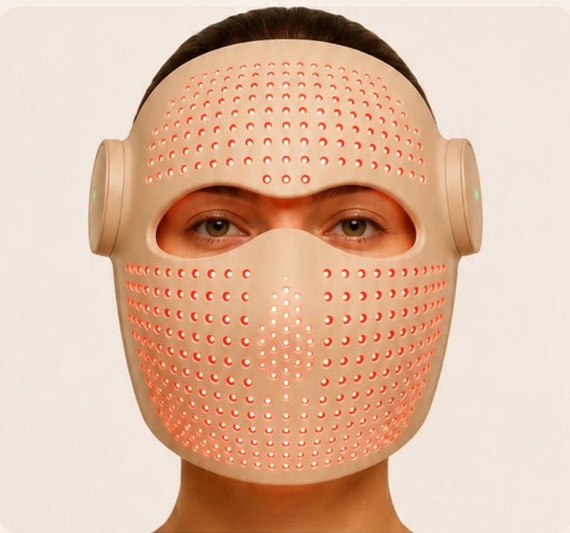 Facial mask with LED lights distributed across a person's face, highlighting features and benefits.