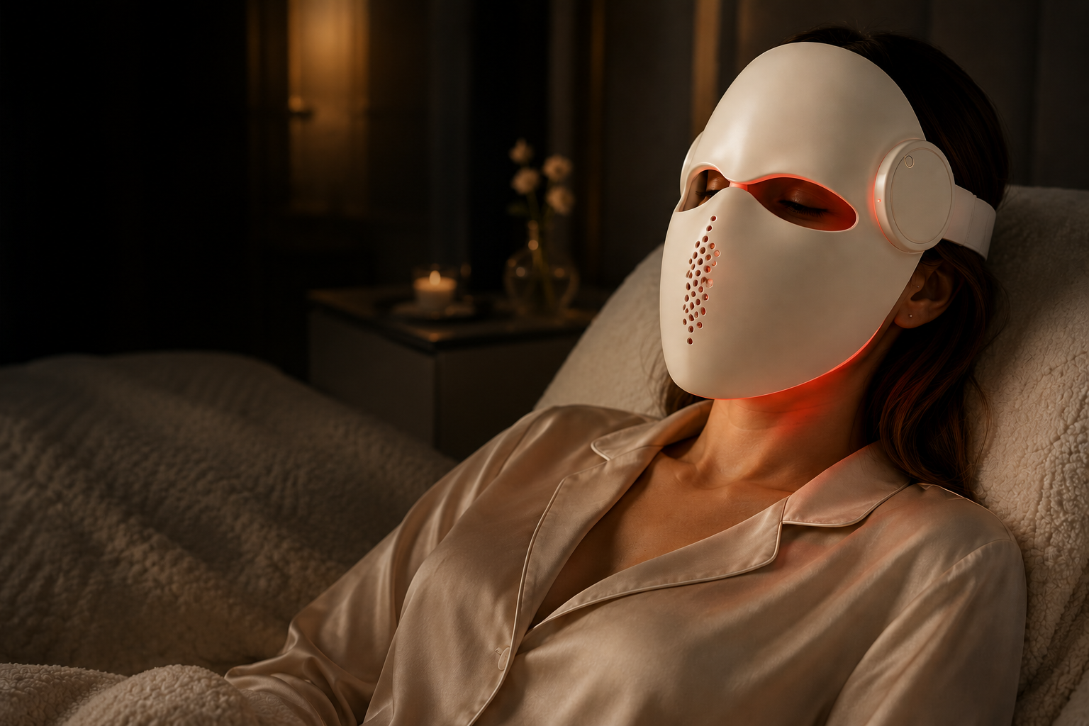Person wearing a white LED face mask in a dimly lit room.