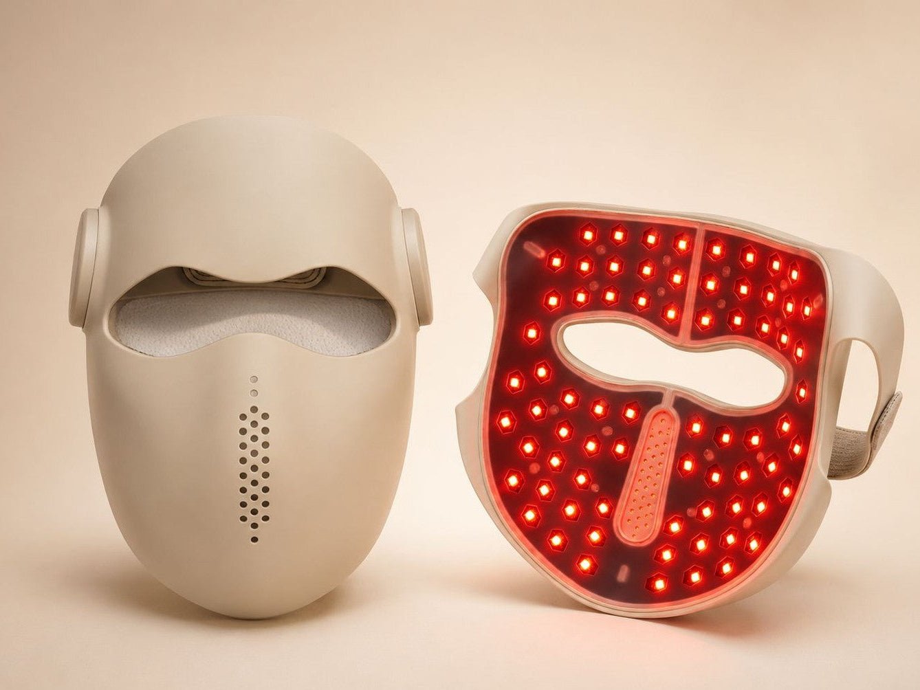 A red light therapy face mask shown in two views: one closed in beige color, and one open with its red LED lights.