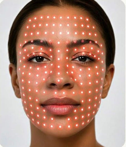 Close-up of a woman's face with glowing red light dots overlaid across her forehead, cheeks, nose, and chin.