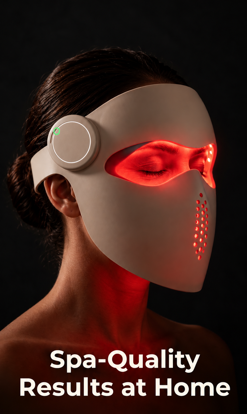 A woman wearing a white NuYOU360 VCSEL/LED light therapy face mask with glowing red eyes and mouth area, shown against a dark background with the text 'Spa-Quality Results at Home' at the bottom.