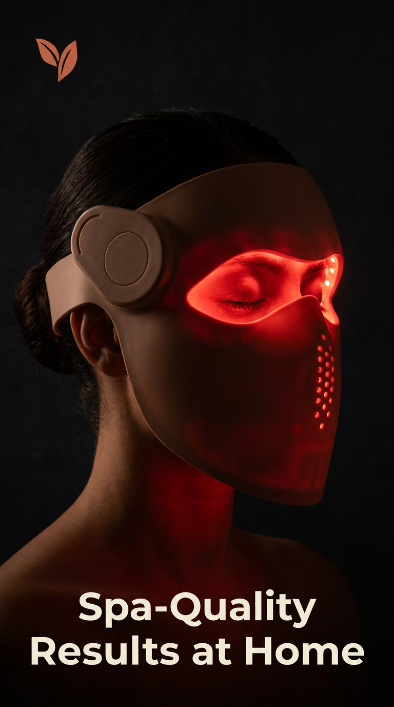 A person wearing a red LED light therapy face mask against a dark background, with the text 'Spa-Quality Results at Home' and a small leaf logo in the top left corner.