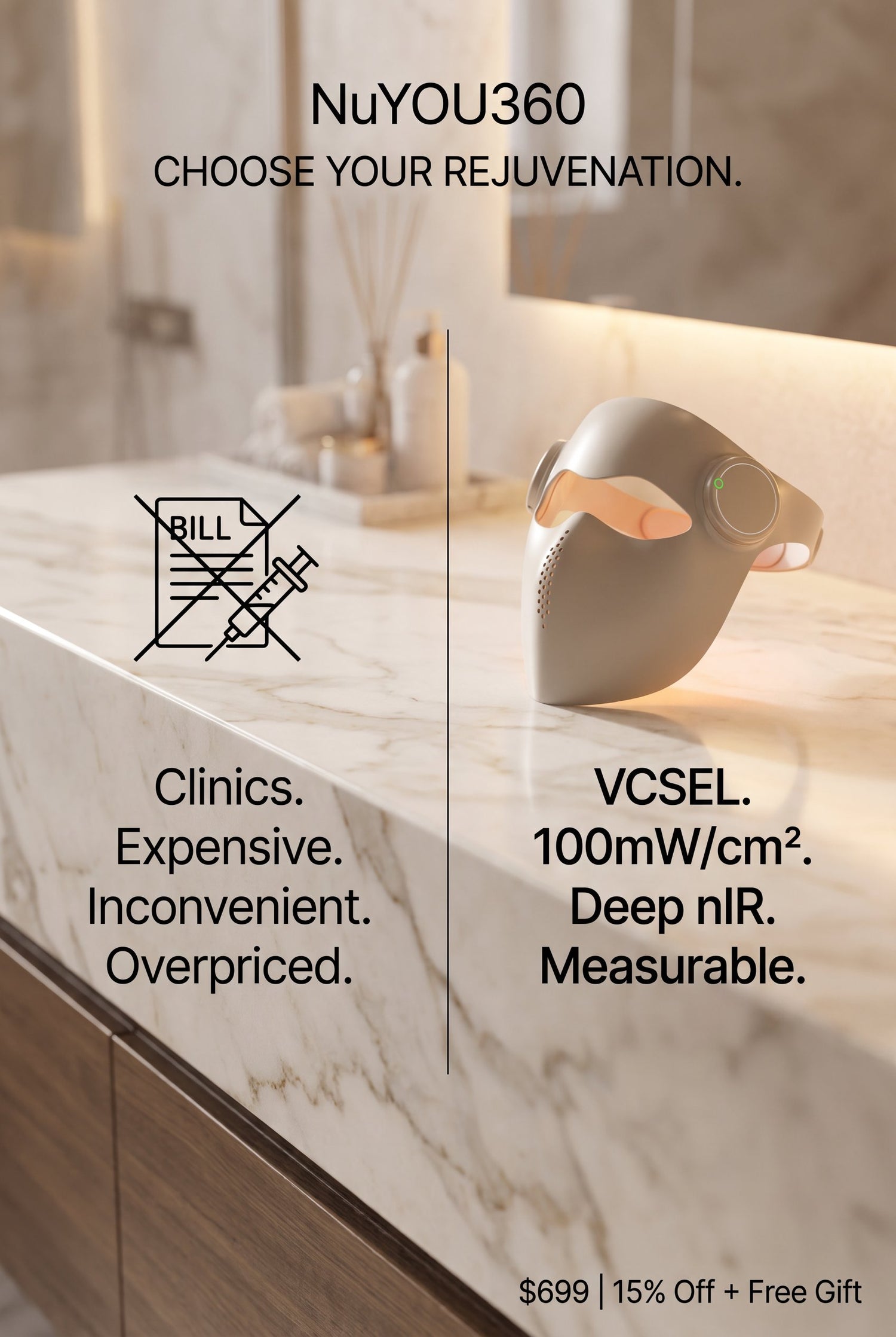 A promotional graphic for the NuYOU360 VCSEL rejuvenation device, shown resting on a marble bathroom countertop. The ad includes text comparing the device's value to clinics, with the NuYOU360 device on the right and negative attributes listed on the left.