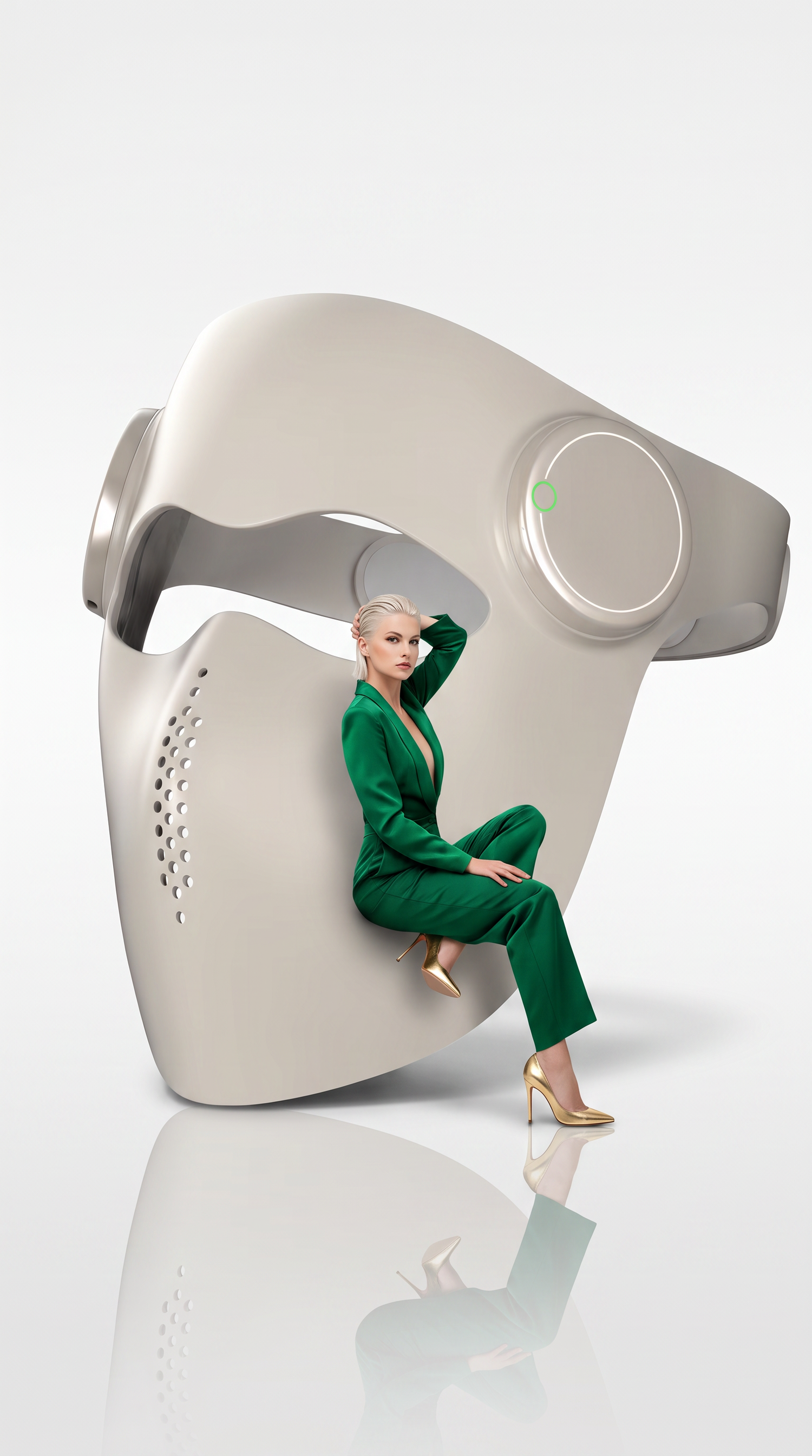 A woman in a green pantsuit sits inside a large, Contour Pro Laser beige facial mask device on a clean white studio background with a soft reflection below.