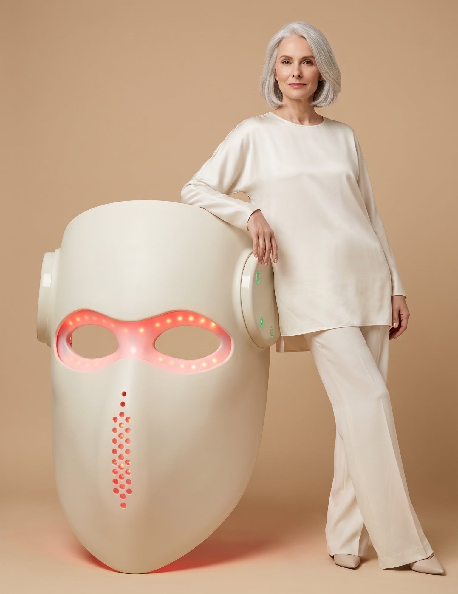 Woman in a white outfit standing next to a large white mask with red lights on a beige background
