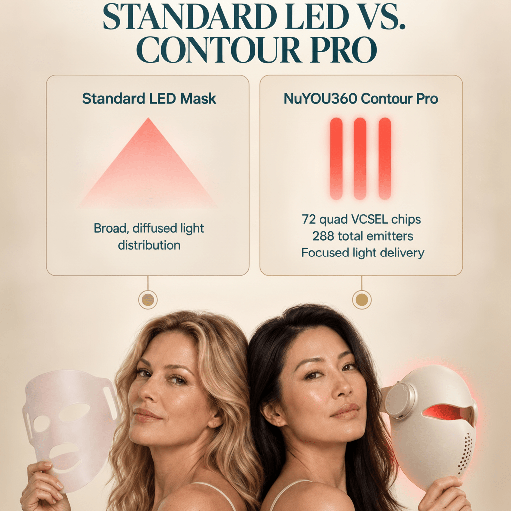 Promotional comparison graphic for a skincare LED mask, showing two women holding white mask faces with red illuminated light visible on the right side. Text compares a standard LED mask with the NuYOU360 Contour Pro, highlighting 72 quad VCSEL chips and focused light delivery.